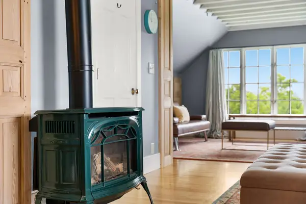 Loft living fireplace wide