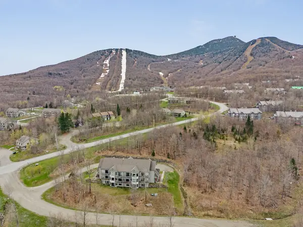 Aerial view toward Jay Peak resort and ski trails