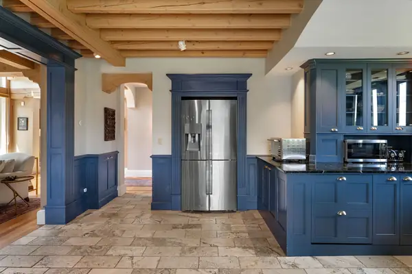 Kitchen wide blue cabinets