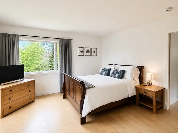King bedroom with TV and a window-side view of the lake