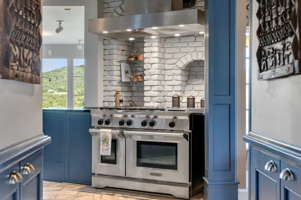 Blue island kitchen with stainless stove