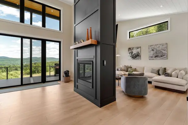 Living room with double-sided gas fireplace and mountain views